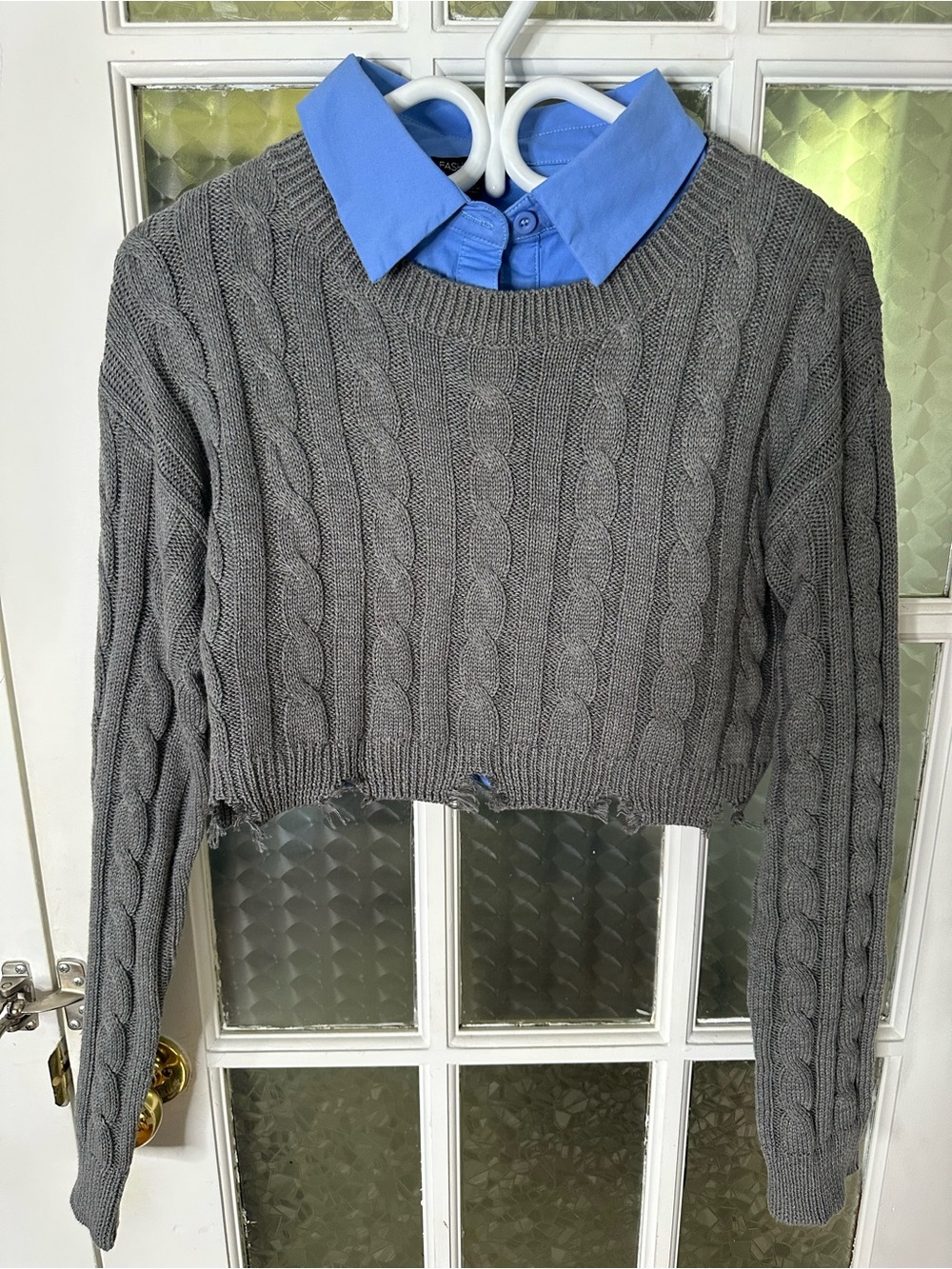Fashion Nova Gray Cropped Cable-Knit Crewneck Sweater sleeveless collared shirt
